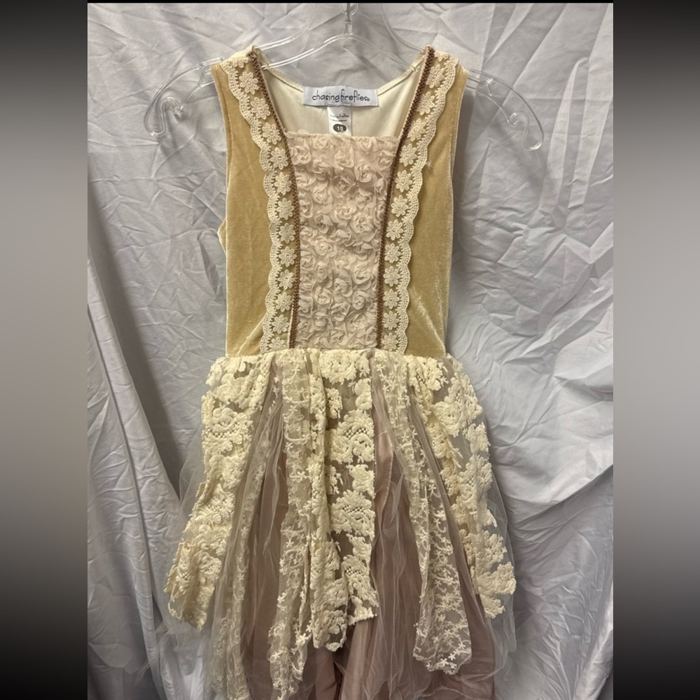 Chasing Fireflies Lace and Velvet Kids Formal Flower girl Cream and Tan Dress